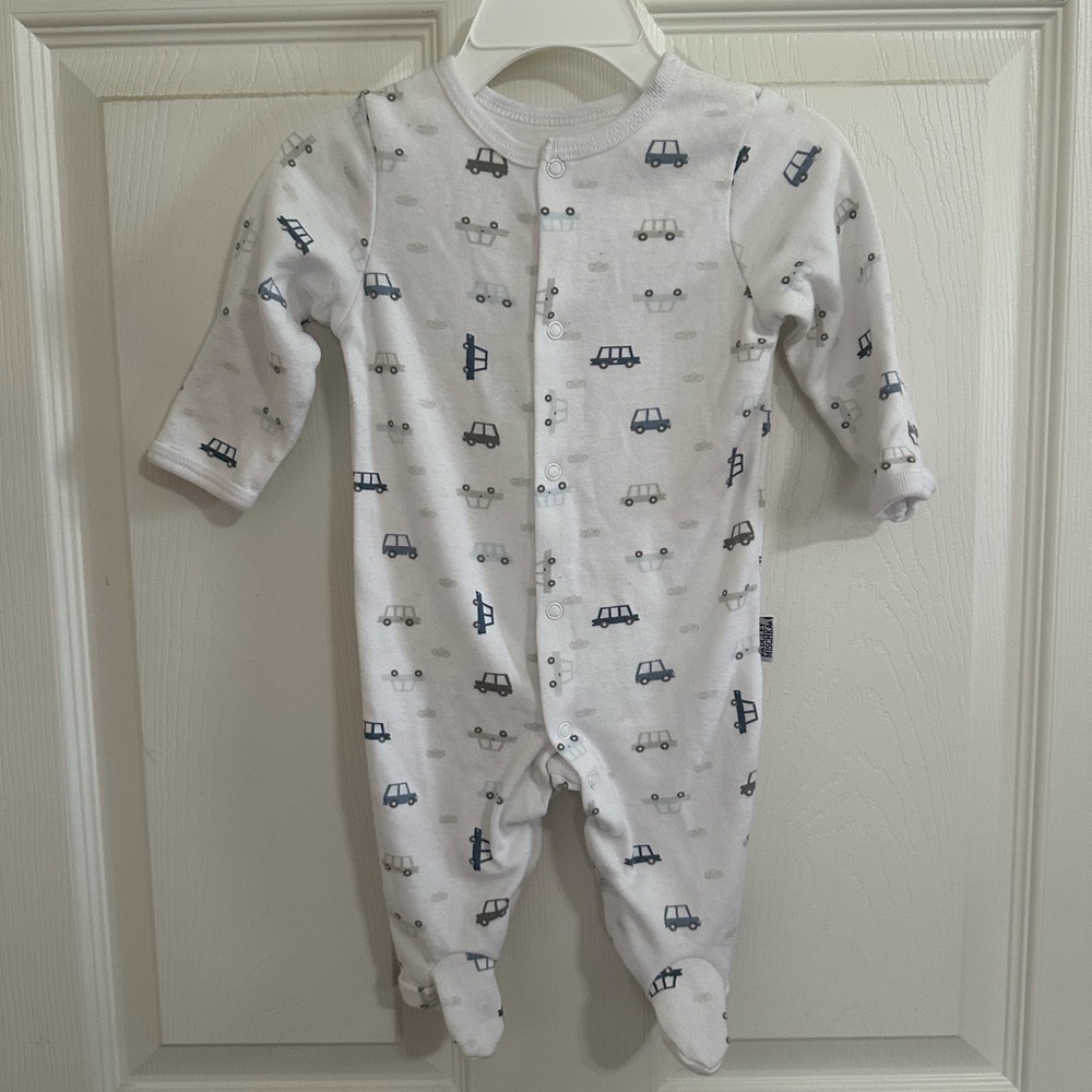 Badgley Mischka White and Blue Car Pattern infant Footie
